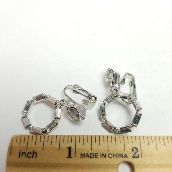 Vintage Rhinestone Dangle Clip On Earrings, Hoop Drop Design, Silver Tone, Retro - Picture 3 of 5